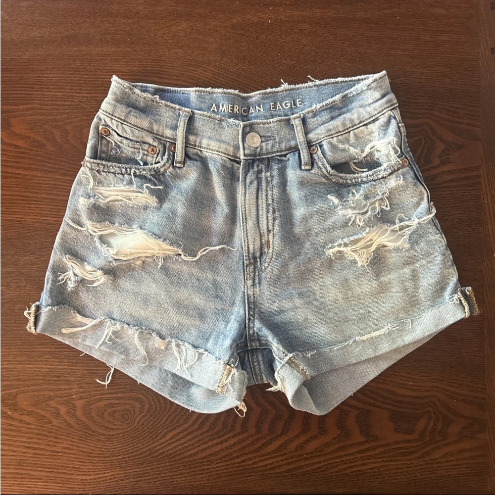 American Eagle Outfitters Women's Ripped Jean Shorts Super High Light Blue